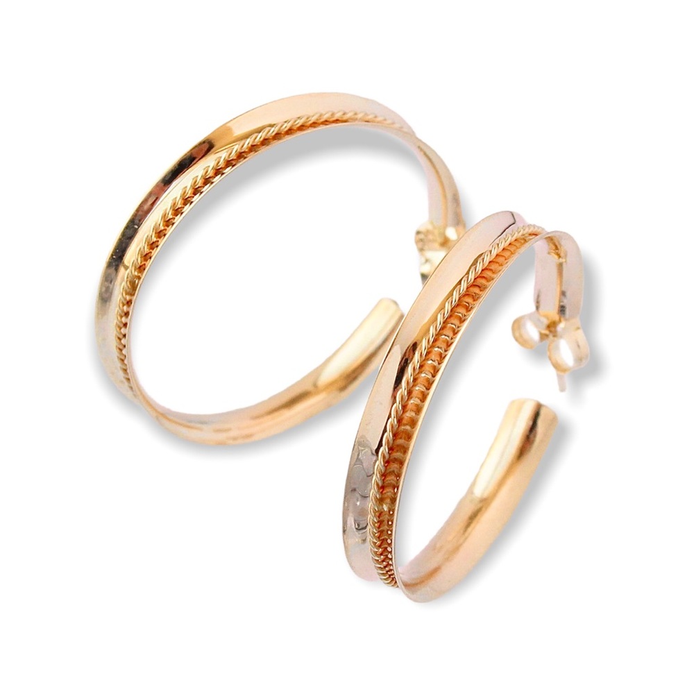 Vintage 14K Gold Hoop Earrings Large / Wide Hoops with Twisted Rope Cable Detail
